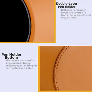 Makro-Detail der handgenähten Lederkante und nahtlosen Unterseite des orangefarbenen Köchers