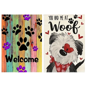 Linen garden flags set with rainbow paw prints and cute dog illustration with Woof text
