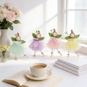 Set of four handmade fairy angel hanging ornaments with tulle skirts and felt wings