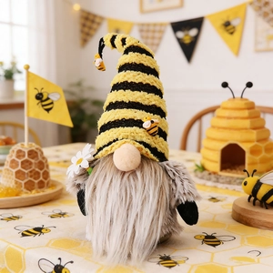 Bee Festival striped gnome plush doll with grey beard holding a white daisy flower