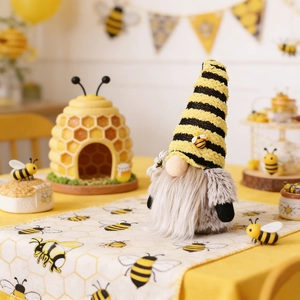 Detail of bee festival gnome featuring yellow striped hat and fluffy white beard decor