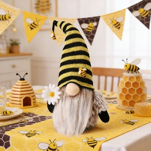 Bee festival gnome plush with yellow striped hat holding a daisy in home setting