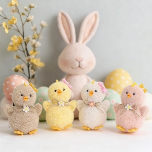 Set of four plush Easter chicks in pastel colors with floral bows for party table decor