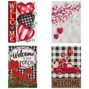 Double sided linen garden flags set with Valentine's Day hearts and floral welcome designs