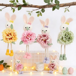 Easter Rabbit Plush Hanging Decoration With Large Artificial Flower Long Rope Legs For Home Holiday Party Decor
