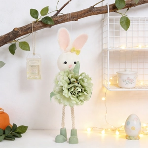 Easter bunny angel fairy pendant with green flower ornament and natural rope legs decoration