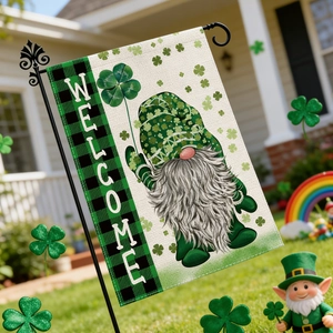 Drapeau de jardin Saint-Patrick avec gnome, trèfles verts et support métallique décoratif