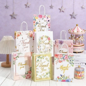 Floral Paper Gift Bags With Handles And Thank You Gold Foil Design For Wedding Birthday Party Favors Multi Patterns
