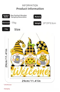 Détail de la plaque de bienvenue en bois fête des abeilles avec nains et tournesols