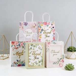 Floral paper gift bag set with 5 unique botanical designs and Thank You gold lettering