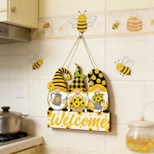 Panneau de bienvenue gnome abeille en bois avec tournesols et corde rustique pour la maison