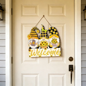 Plaque de bienvenue en bois avec nains et tournesols pour décoration de porte