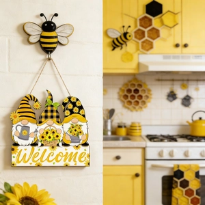Plaque de bienvenue murale en bois avec nains de tournesol et crochet abeille de cuisine