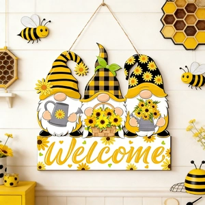 Panneau De Bienvenue En Bois Ornement À Suspendre Trois Gnomes Tournesol Abeille Thème Décor De Ferme Porte D'entrée Contreplaqué