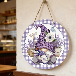 Detail of wooden lavender gnome door sign with rustic twine hanger and purple plaid border