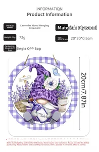 Detailed view of lavender gnome wooden round sign showing dimensions 20x20x0.5cm