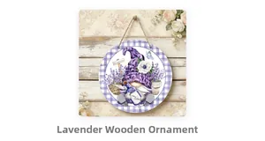 Detail of wooden lavender gnome sign with purple floral design and rustic jute rope