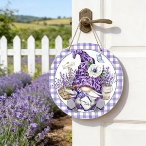 Farmhouse lavender gnome welcome sign on white door with rustic wood finish and burlap rope