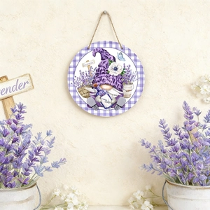 Rustic wood lavender gnome hanging sign on beige wall with floral decor and purple theme
