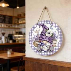 Farmhouse round wooden gnome door sign with lavender floral design and hanging rope