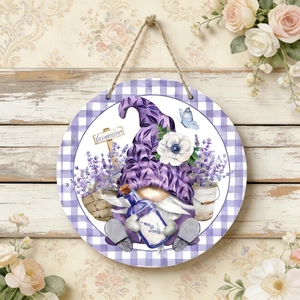 Rustic round wooden door sign featuring lavender gnome design with hanging rope hanger