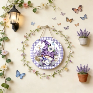 Detail of wooden gnome wreath with lavender design hanging on wall with rustic decor