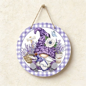 Lavender Gnome Wood Hanging Sign Round Rustic Farmhouse Porch Door Plaque Purple Checkered Garden Home Wall Decoration