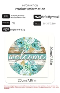 Floral summer welcome door sign specification showing 20x20x0.5cm dimensions and plywood texture