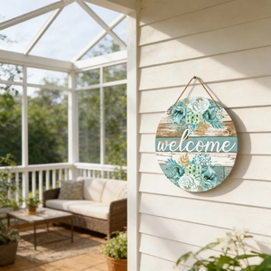Floral wooden welcome door sign with blue flowers and jute rope for home decoration
