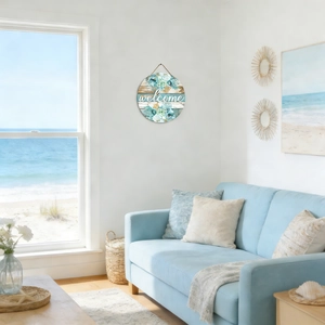Detail of floral wooden welcome door sign hanging in a bright coastal living room