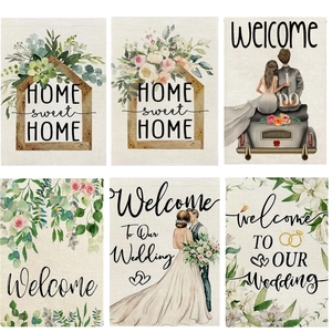 Set of 6 linen wedding garden flags with floral patterns and Just Married welcome signs