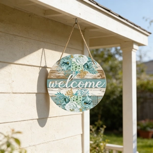 Round Welcome Door Sign Wooden Floral Print Hanging Decorative Plate Home Garden Entrance Ornament