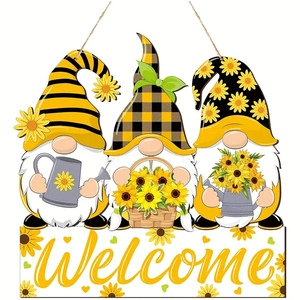 Plaque de bienvenue en bois avec nains et tournesols pour décoration de maison et jardin