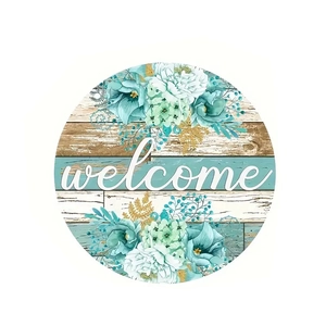 Floral round wooden welcome sign with realistic white and blue flowers on wood grain background
