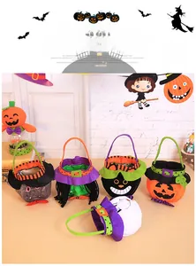 Detail of five Halloween candy bags with pumpkin, witch, black cat and skull designs