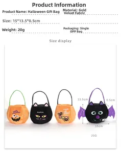 Detail view of 15x13.5cm Halloween velvet gift bags with pumpkin and cat designs