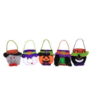 Set of 5 Halloween plush treat bags featuring pumpkin, ghost, witch and cat designs
