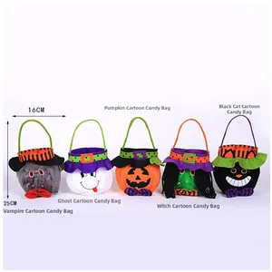 Detail showing five Halloween candy bags with witch and pumpkin designs and size dimensions