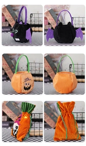 Detailed views of velvet Halloween treat bags featuring pumpkin, bat, and wizard cat designs