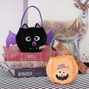 Halloween pumpkin and bat plush candy bags with Happy Halloween and BOO embroidery