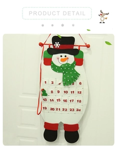Detail of Snowman Advent calendar made of white felt with 24 numbered red pockets for Christmas