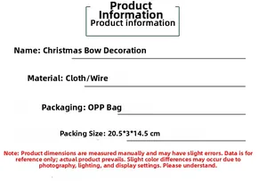Detailed technical specifications for red Christmas bow ornament including cloth and iron wire material