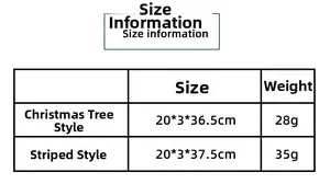 Detailed size chart for Christmas tree and striped ornaments showing dimensions in cm