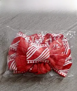 Detailed view of red striped velvet bow ornament with white wave edges in packaging