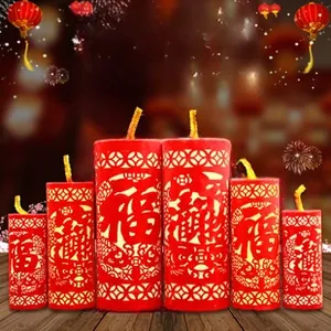 Detail of red Chinese New Year firecracker paper decorations with Fu character patterns