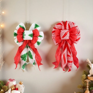Christmas Bows Ornament Cloth Fabric Tree Pattern Red White Striped Decorative Hanging For Holiday Tree Wreath