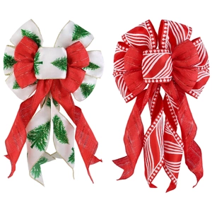 Christmas bow ornaments with festive tree patterns and red ribbons for tree decorations