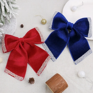Velvet Christmas Bow Decoration With Silver Glitter Edge For Christmas Tree Topper Ornaments Holiday Home Party Decor