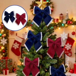 Velvet Christmas bows in navy and burgundy with silver glitter edges for holiday decor