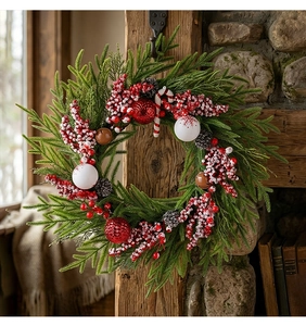 Detailansicht eines Weihnachtskranzes mit roten Beeren, Tannenzapfen und Zuckerstange